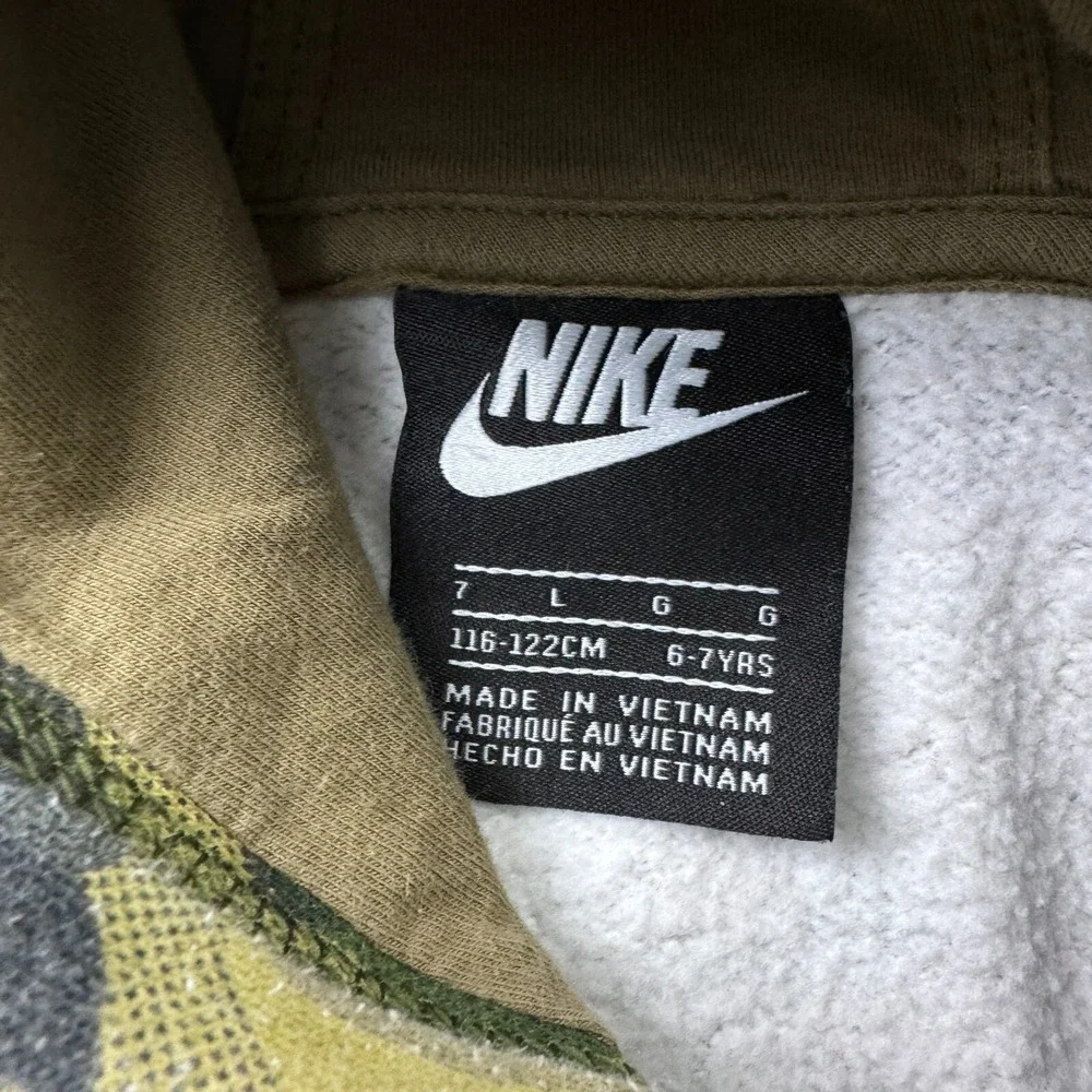 Nike Boys Size 7 Green Camo Hoodie Pullover Fleece Logo Sweatshirt Cotton Casual